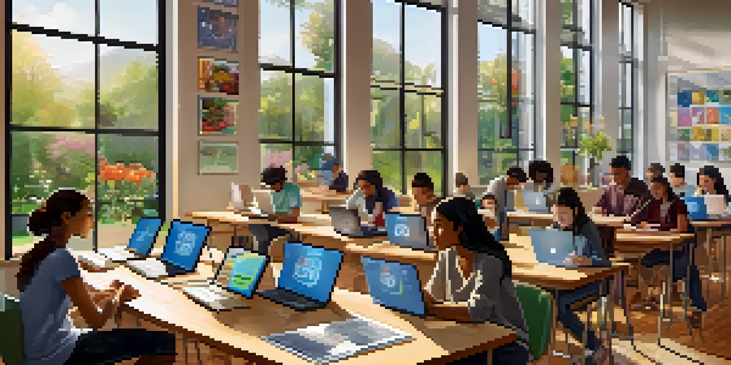 A diverse group of students in a bright and inviting digital learning space, focused on their devices.