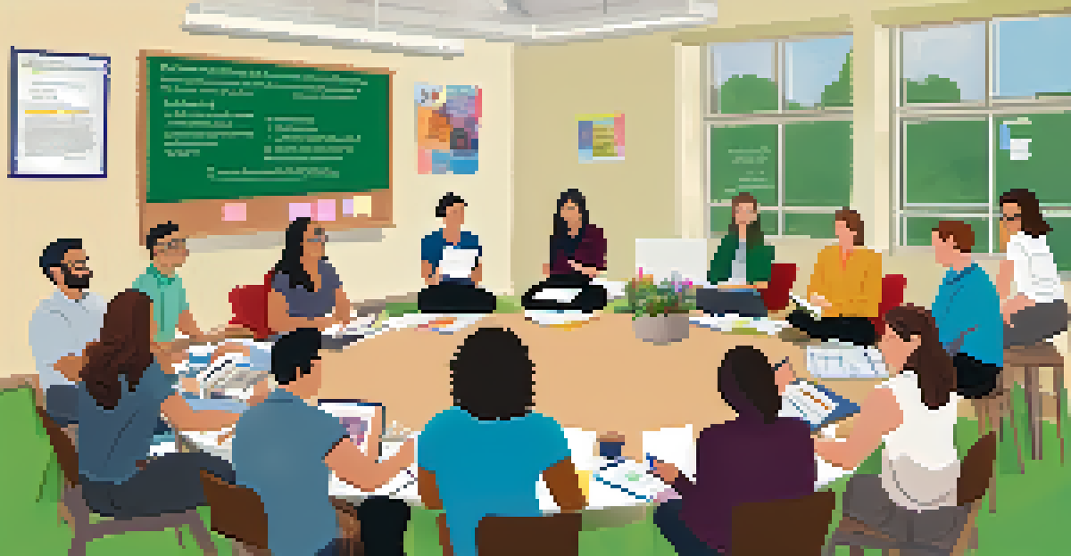 Teachers in a workshop setting, sitting in a circle with laptops and notebooks, surrounded by motivational posters and plants, fostering collaboration and professional growth.