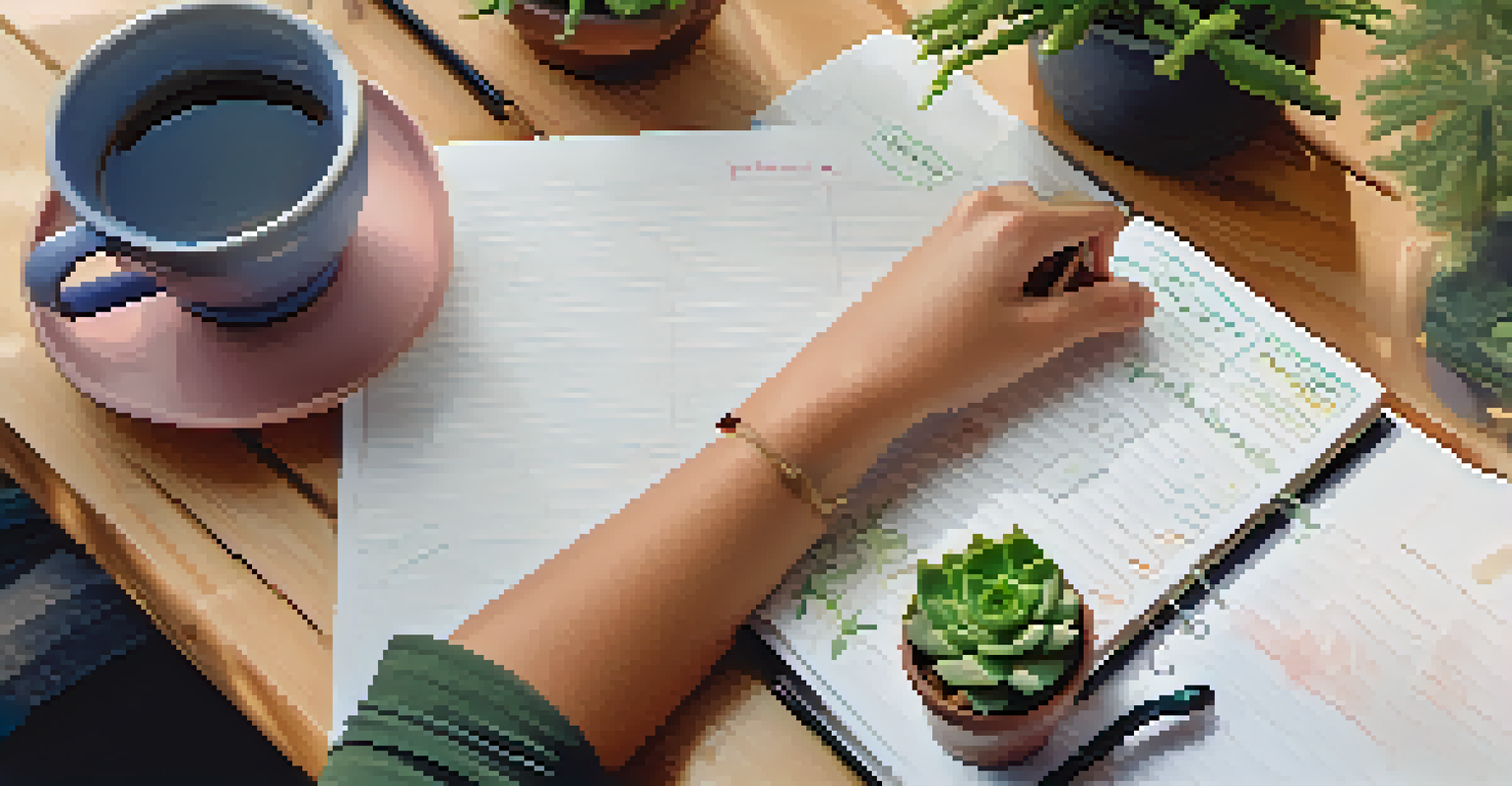 A close-up of a student's hands writing in a planner with a cup of herbal tea and a succulent plant in the background.