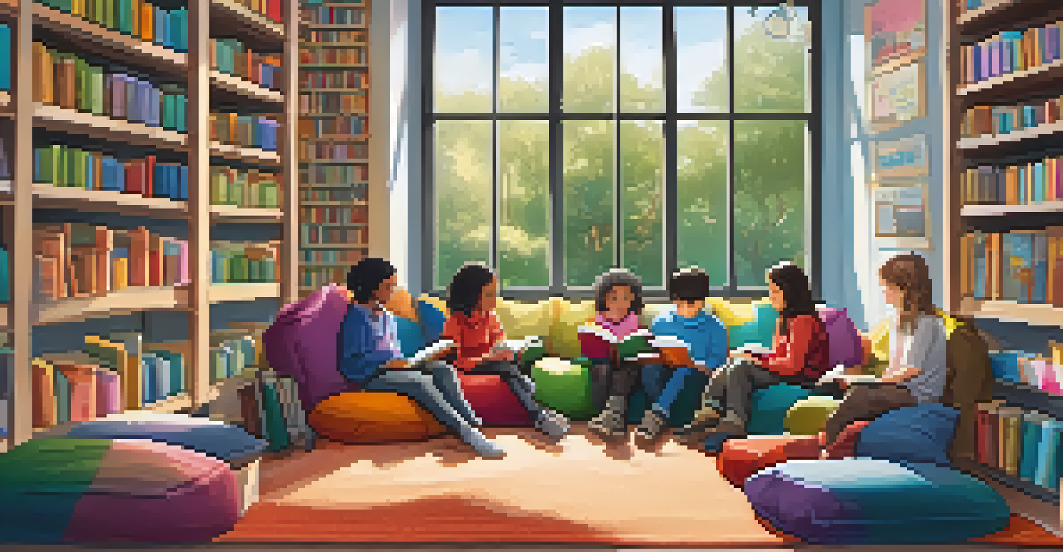A cozy reading corner in a classroom with students reading on beanbags surrounded by books.