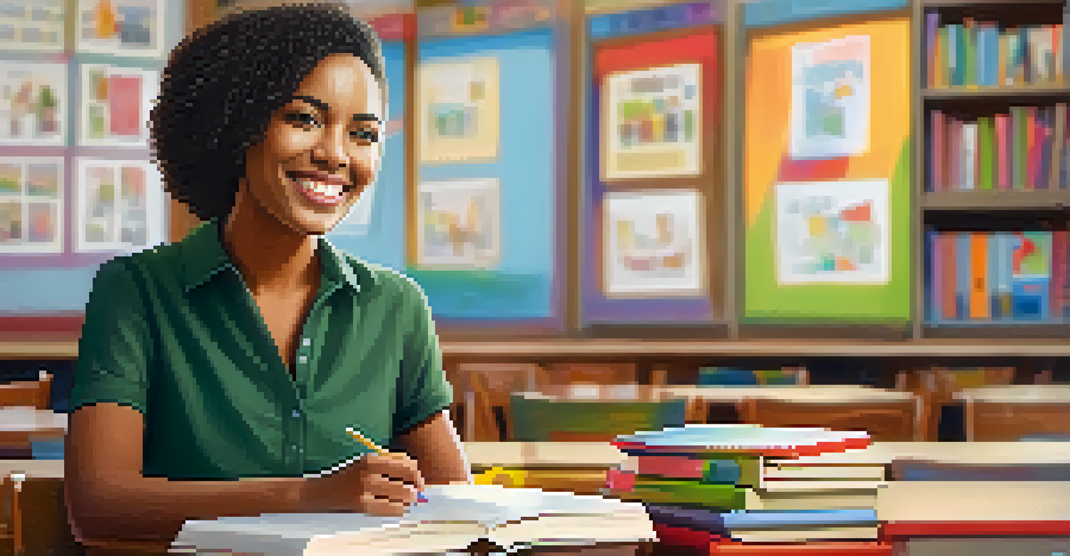 A smiling teacher in a cozy classroom, surrounded by bookshelves and educational posters, radiating warmth and enthusiasm.