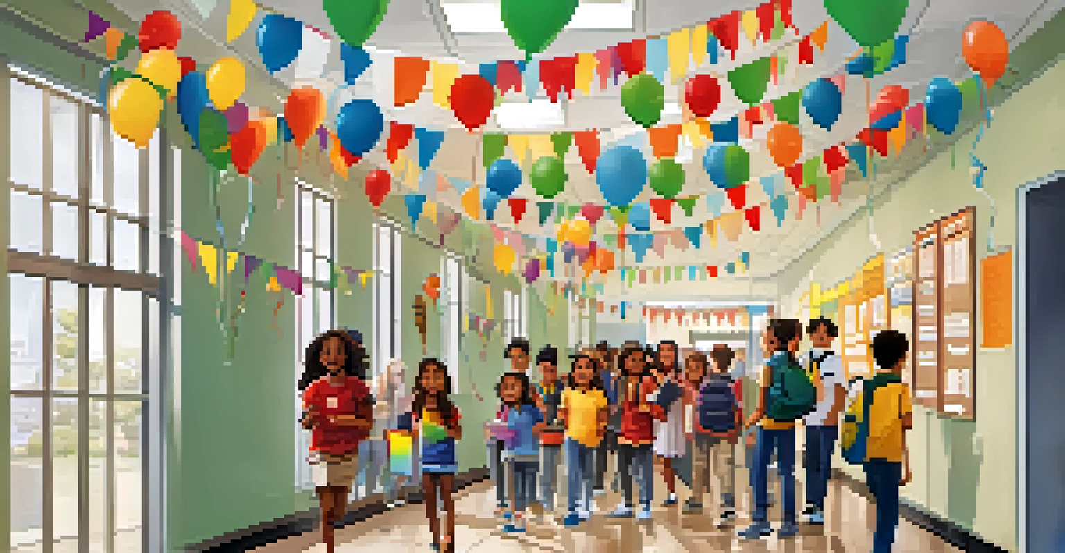Students celebrating their achievements in a school hallway filled with decorations and certificates showcased on a bulletin board.