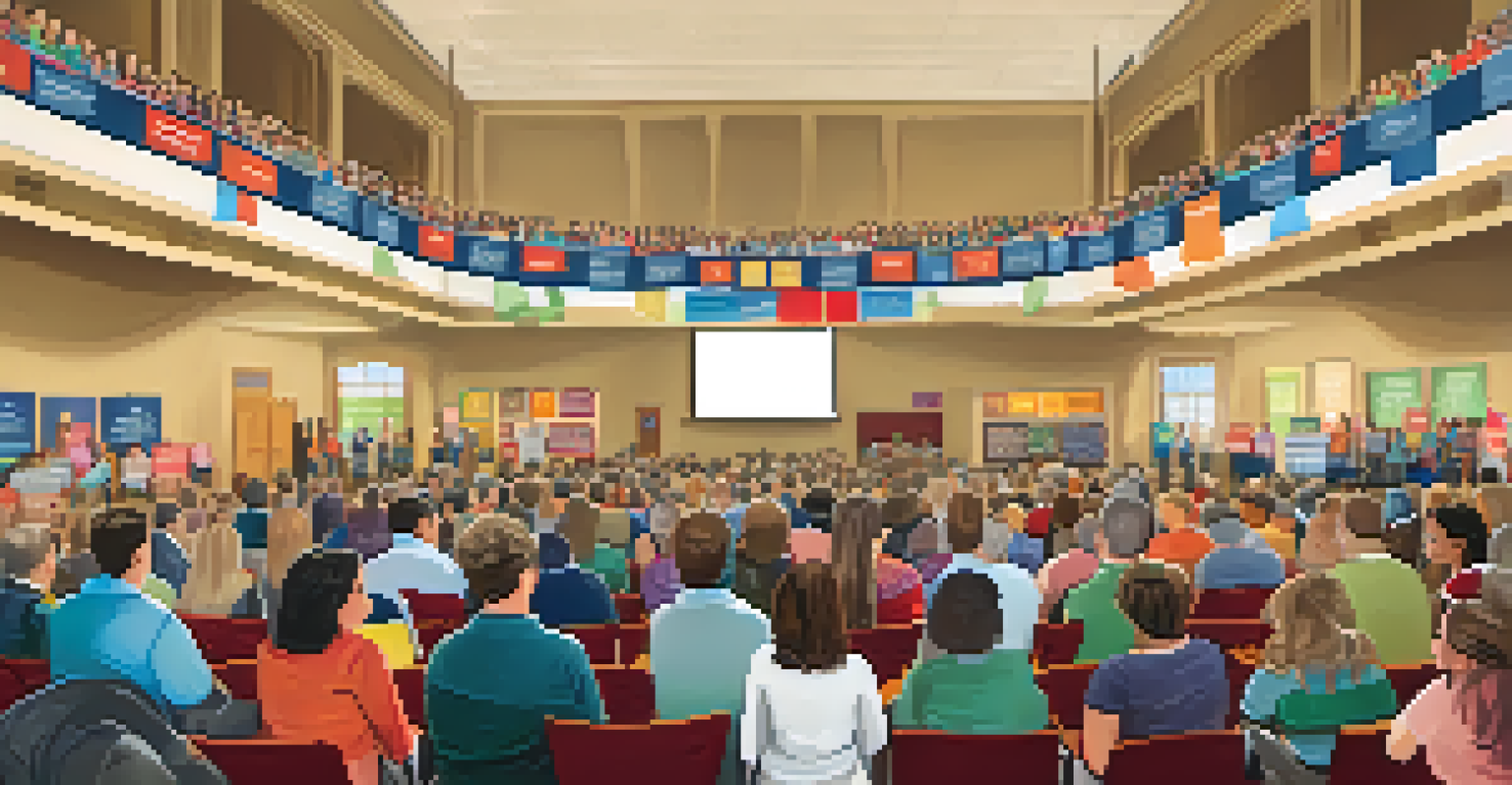 A community meeting in a school auditorium with diverse participants discussing education funding and reform, surrounded by supportive banners.
