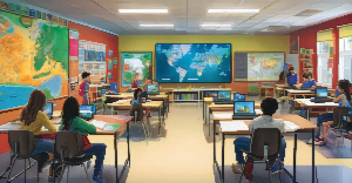 A lively classroom with students participating in different learning activities, including watching a documentary and working on a project together.