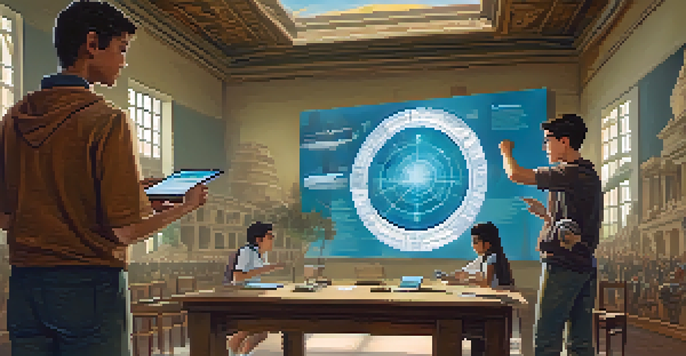 A classroom filled with students using tablets to interact with augmented reality historical artifacts, with a teacher guiding them.