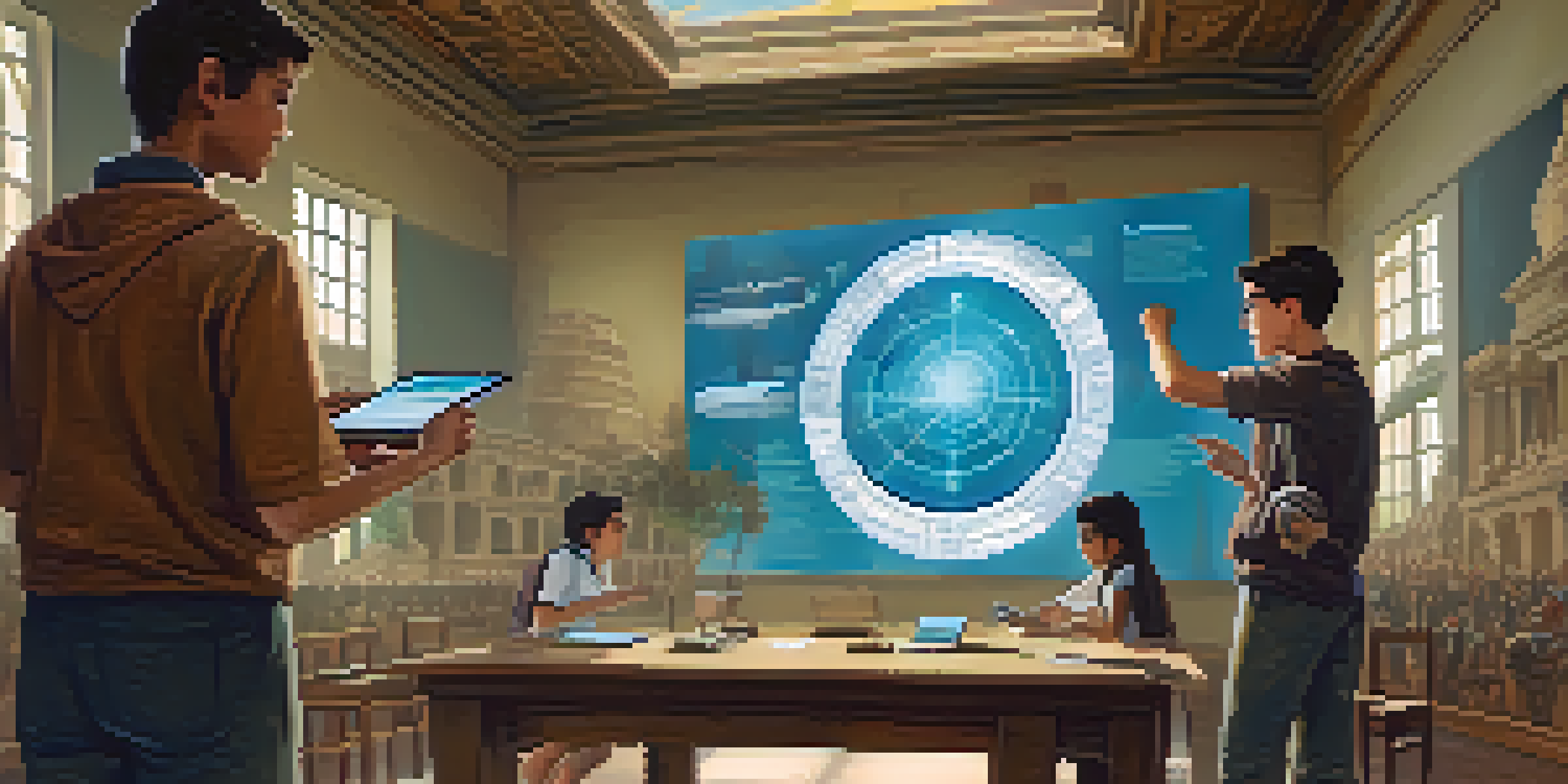 A classroom filled with students using tablets to interact with augmented reality historical artifacts, with a teacher guiding them.