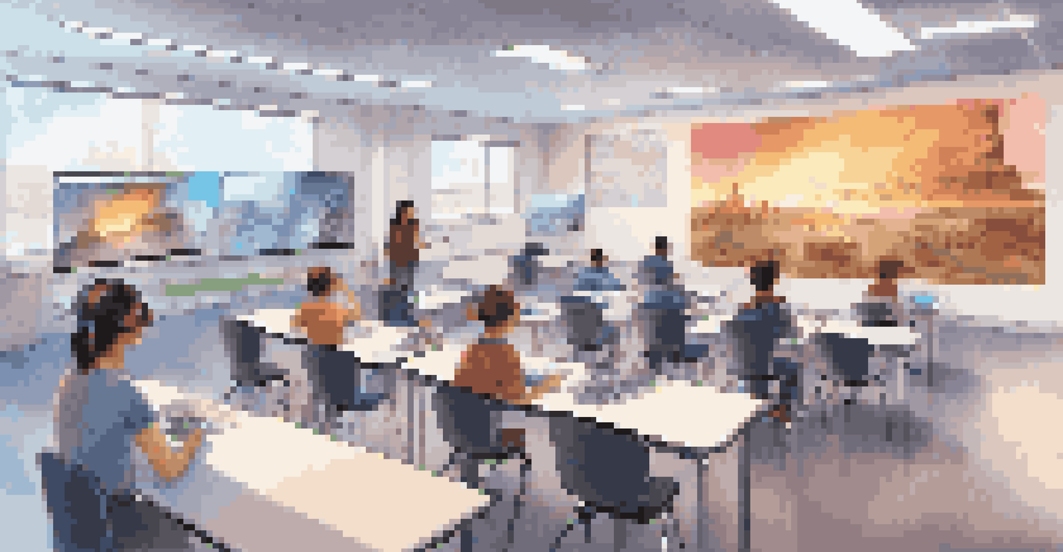 A modern classroom with students using virtual reality headsets for an interactive learning experience.