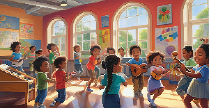 A colorful classroom with children dancing and playing musical instruments, filled with sunlight.