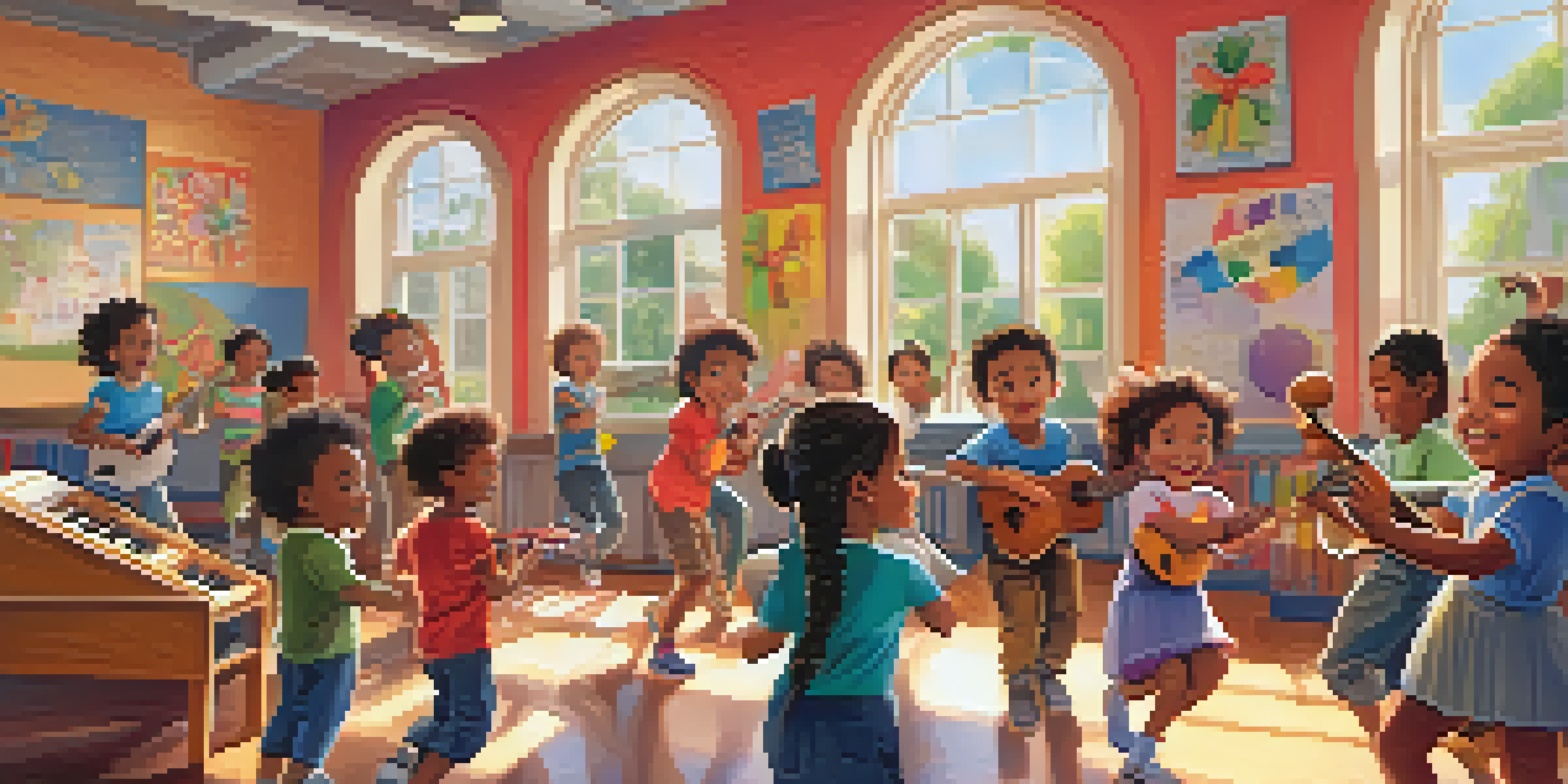 A colorful classroom with children dancing and playing musical instruments, filled with sunlight.
