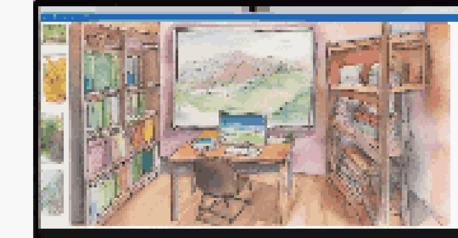 A computer screen displaying a colorful digital portfolio of student projects and assessments. The cozy study area in the background adds to the learning atmosphere.