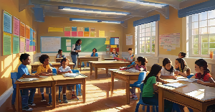 A classroom with children discussing around a table, sunlight illuminating the space with educational posters on the walls.
