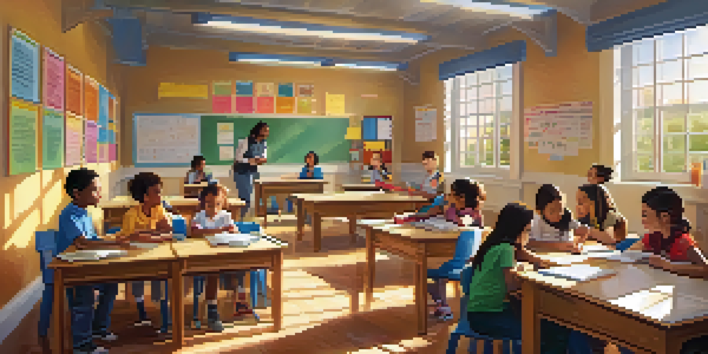 A classroom with children discussing around a table, sunlight illuminating the space with educational posters on the walls.