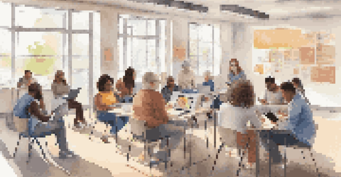 A diverse group of individuals participating in a digital literacy workshop at a community center, with bright lighting and various devices in use.