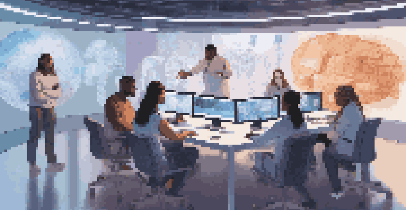 Diverse students collaborating in a virtual space with holographic displays of different career paths above them.