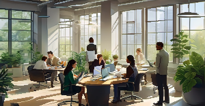 A diverse team of professionals collaborating in a bright office space, sharing ideas at a round table with laptops and notebooks.