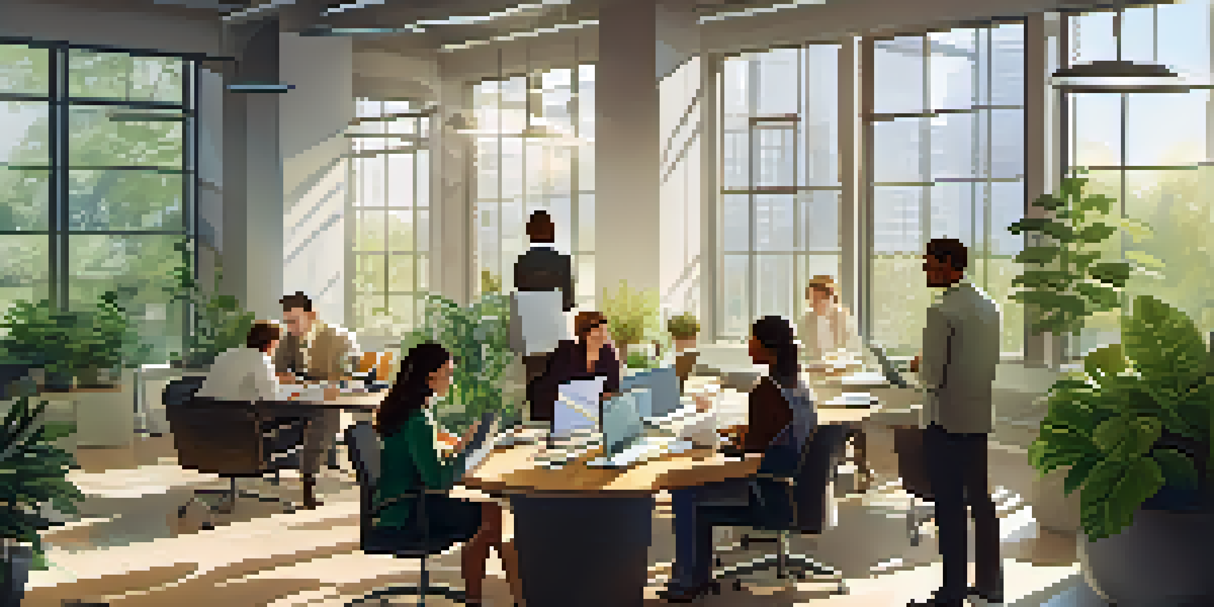 A diverse team of professionals collaborating in a bright office space, sharing ideas at a round table with laptops and notebooks.