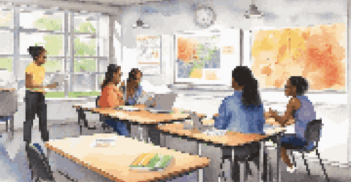 A vibrant classroom with students working on various blended assessments, including a laptop, a project presentation, and a group discussion.