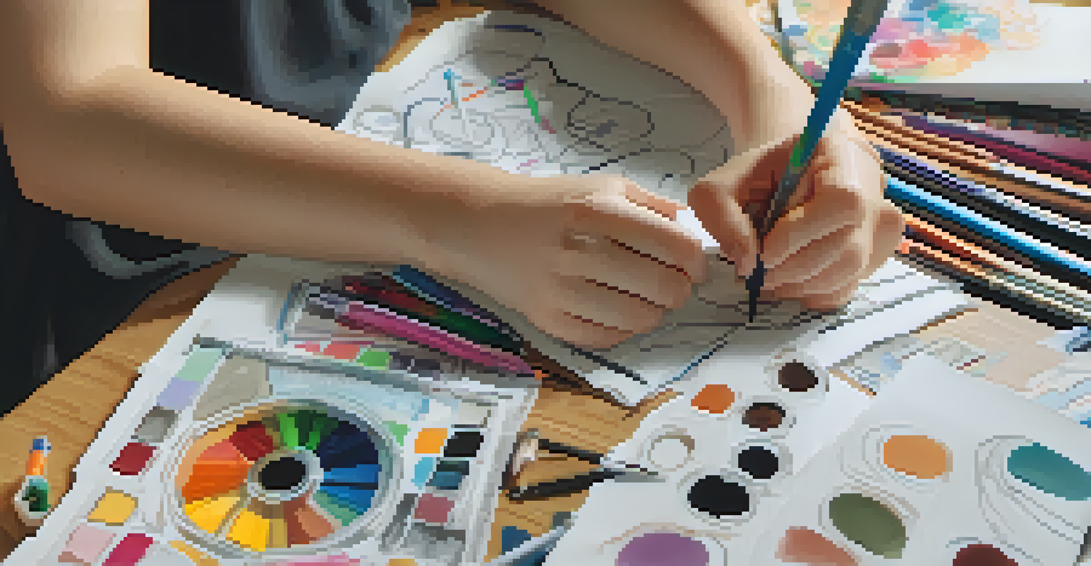 A close-up of a student's hands working on a creative project at a desk filled with colorful materials.