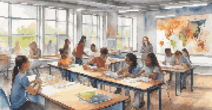 A vibrant classroom scene with diverse students working together on projects, utilizing technology and engaging in collaboration under natural light.