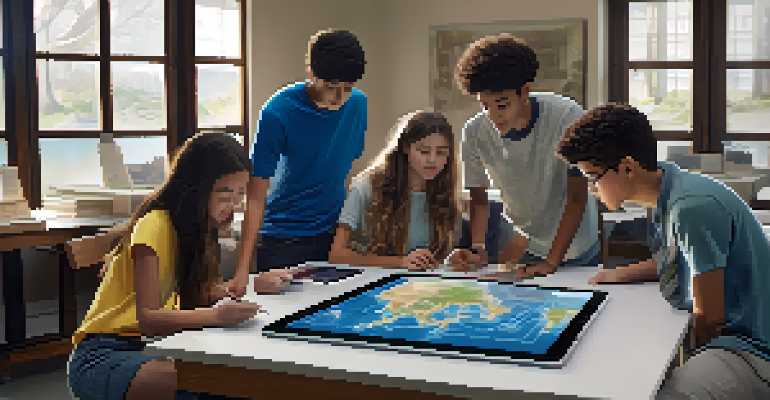 High school students working together on an AR project, showcasing a 3D model of an ancient civilization on a tablet.