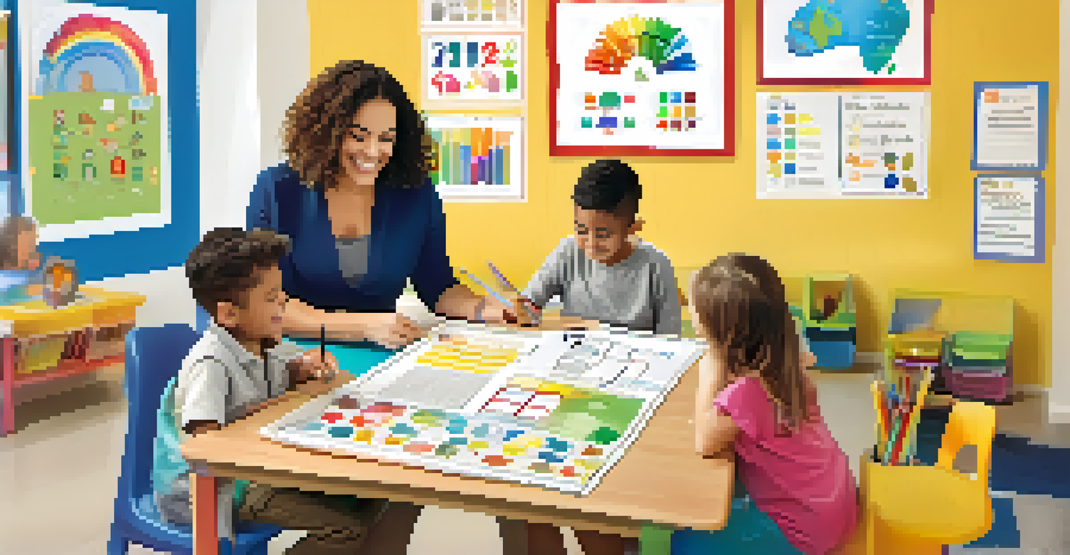 An educator and a child collaborating on a learning plan at a colorful table filled with worksheets and art supplies, in a bright classroom.