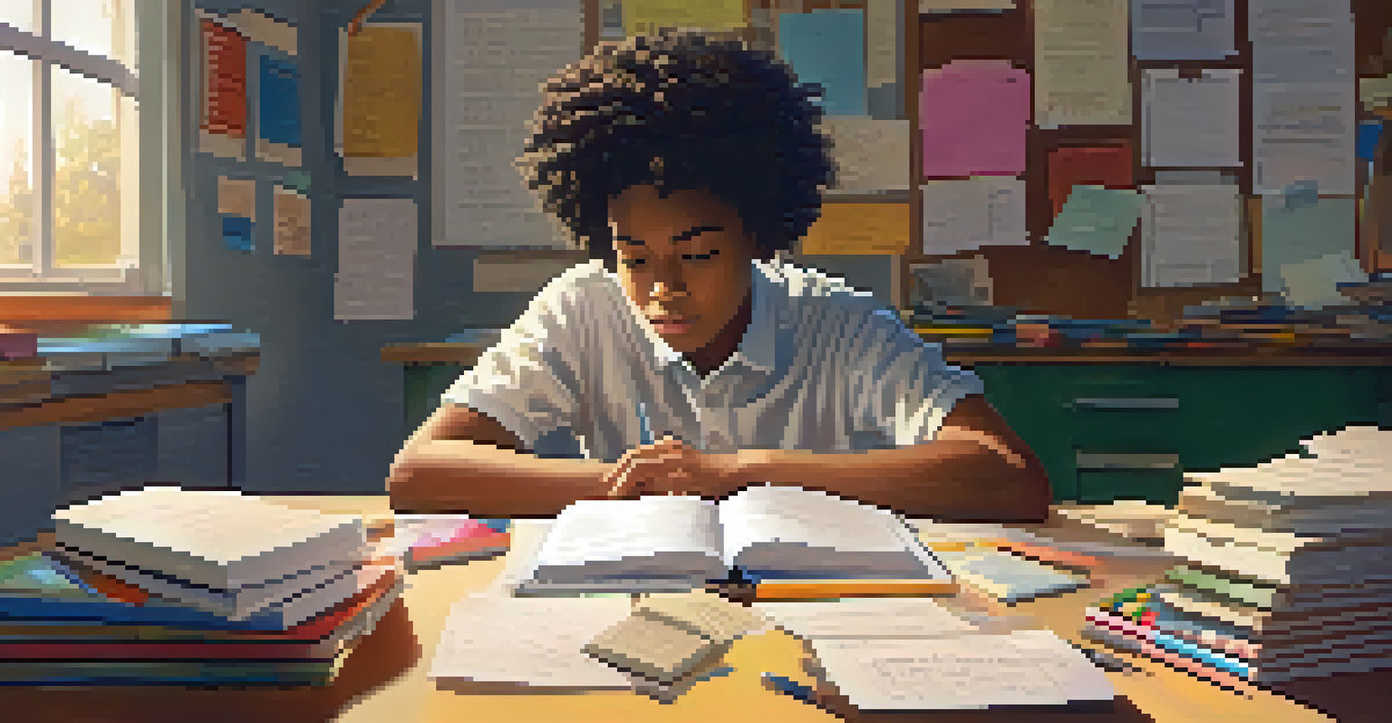 A student at a desk, reflecting on positive affirmations and goals in a well-lit classroom, with school supplies around.