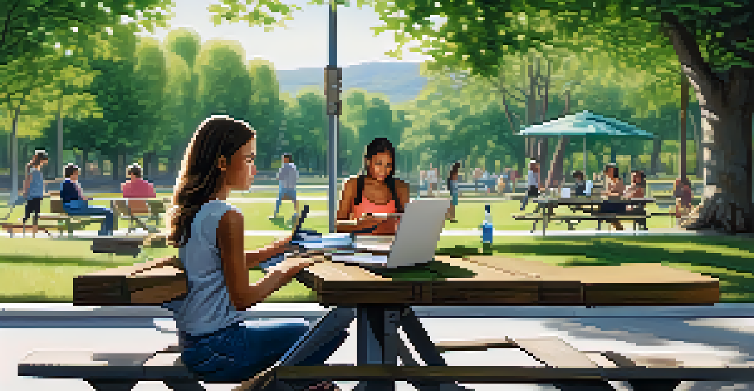 A young woman using a laptop in a park, surrounded by greenery and families, representing digital accessibility in everyday life.