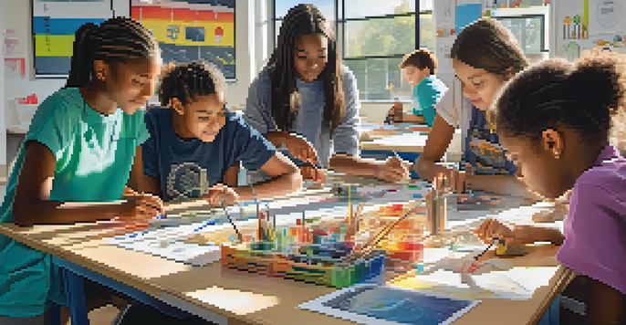 A vibrant classroom with diverse students working together on a STEAM project, surrounded by colorful materials and tools under bright sunlight.