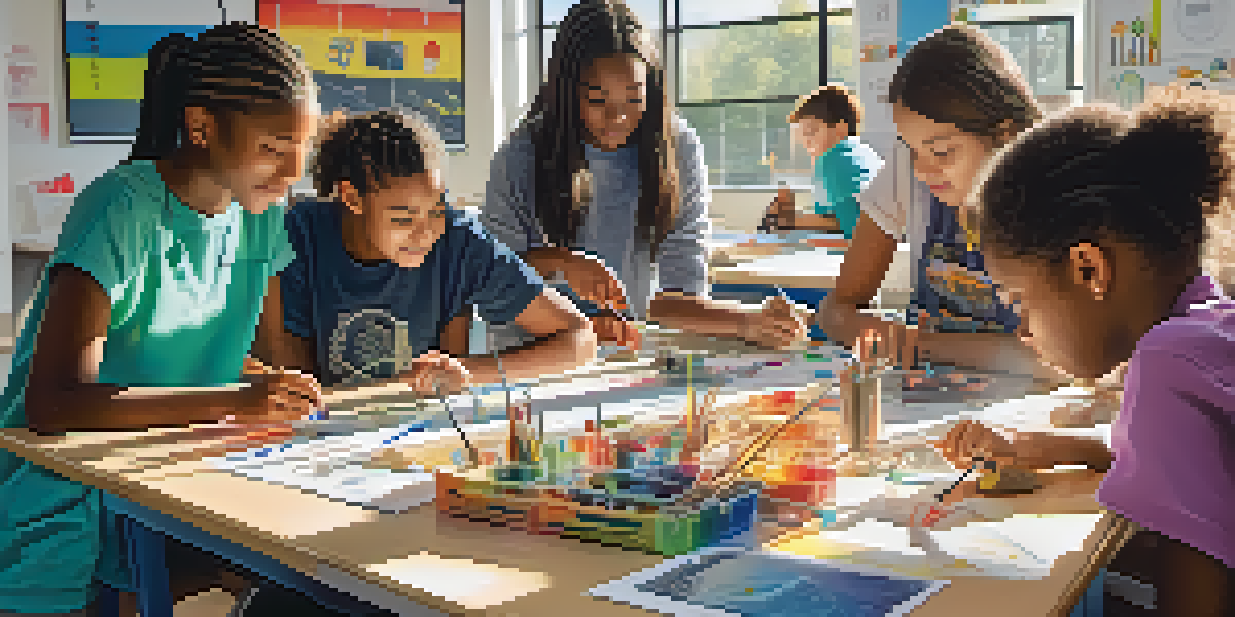 A vibrant classroom with diverse students working together on a STEAM project, surrounded by colorful materials and tools under bright sunlight.
