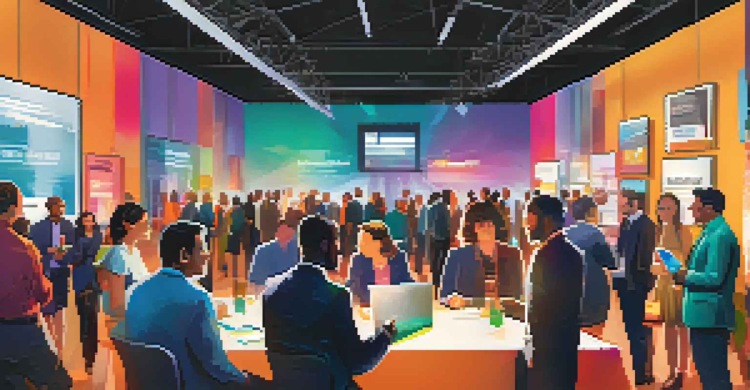 Professionals networking at an event, discussing digital skills and exchanging ideas in a lively environment.