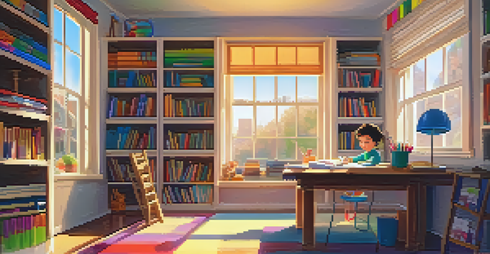 A child focused on a creative project in a bright study area filled with books and art supplies.