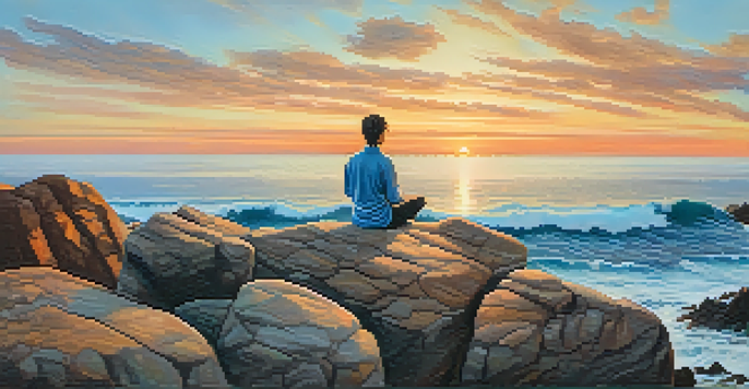A person meditating on a rocky cliff by the sea during sunset, with colorful clouds reflecting in the sky and calm waves.