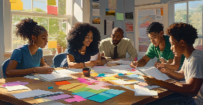 A diverse group of students working together on a project at a table, surrounded by papers and laptops in a sunlit classroom.