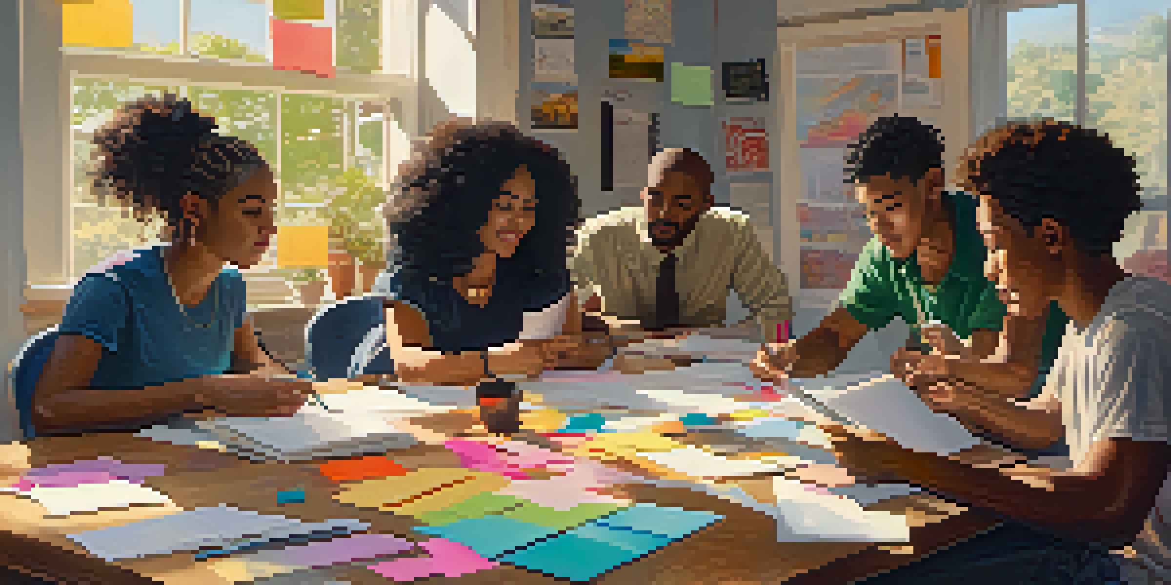 A diverse group of students working together on a project at a table, surrounded by papers and laptops in a sunlit classroom.
