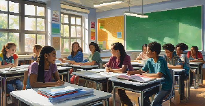 A diverse group of students working together in a bright classroom, sharing ideas and studying.