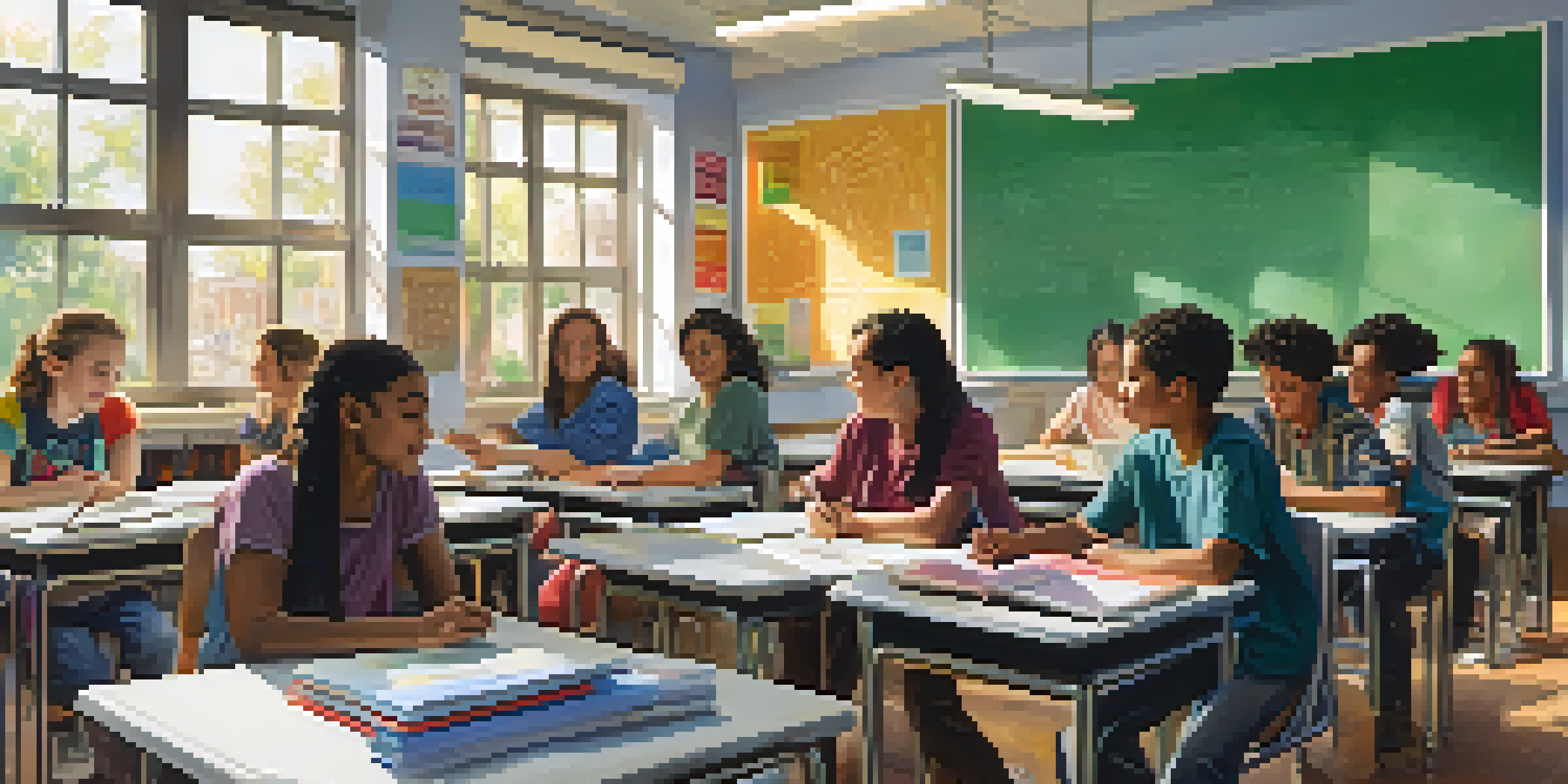 A diverse group of students working together in a bright classroom, sharing ideas and studying.