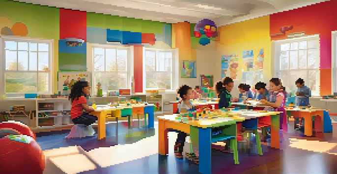 A classroom filled with diverse children happily engaged in play-based learning with educational toys and tablets, surrounded by sunlight.