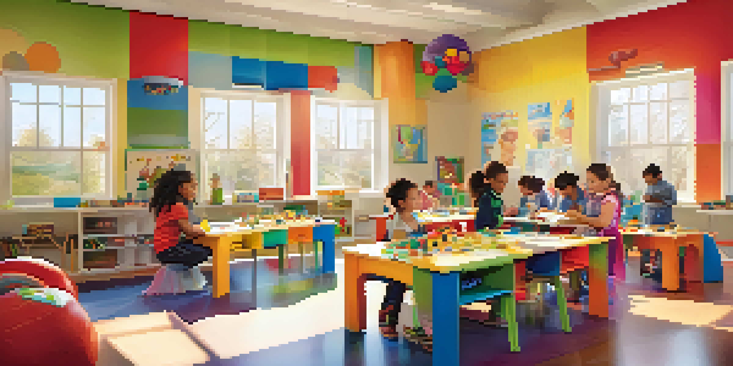A classroom filled with diverse children happily engaged in play-based learning with educational toys and tablets, surrounded by sunlight.