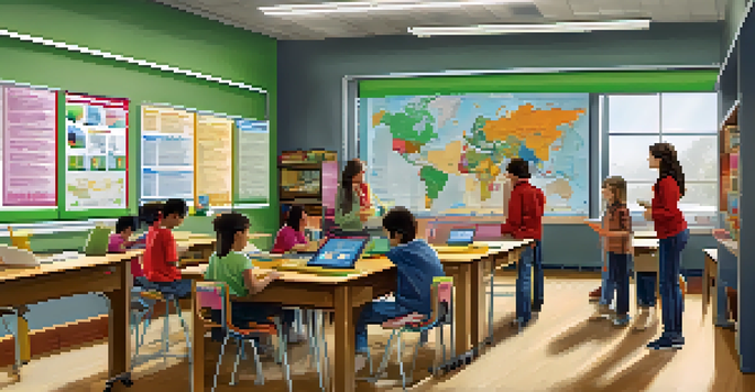 A teacher uses a tablet to analyze data in a bright classroom, surrounded by engaged students working together at their desks.