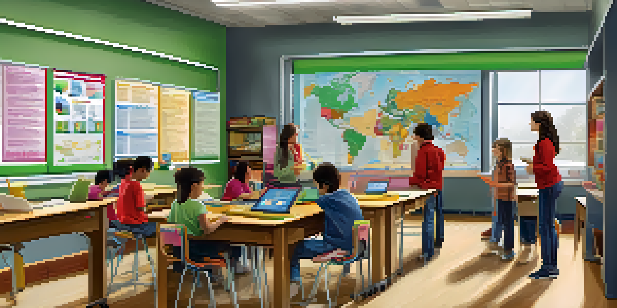 A teacher uses a tablet to analyze data in a bright classroom, surrounded by engaged students working together at their desks.