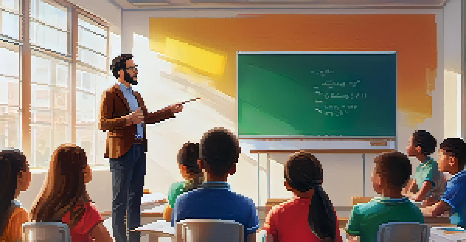 An educator explaining a concept to attentive students in a colorful classroom with a globe and books in the background.