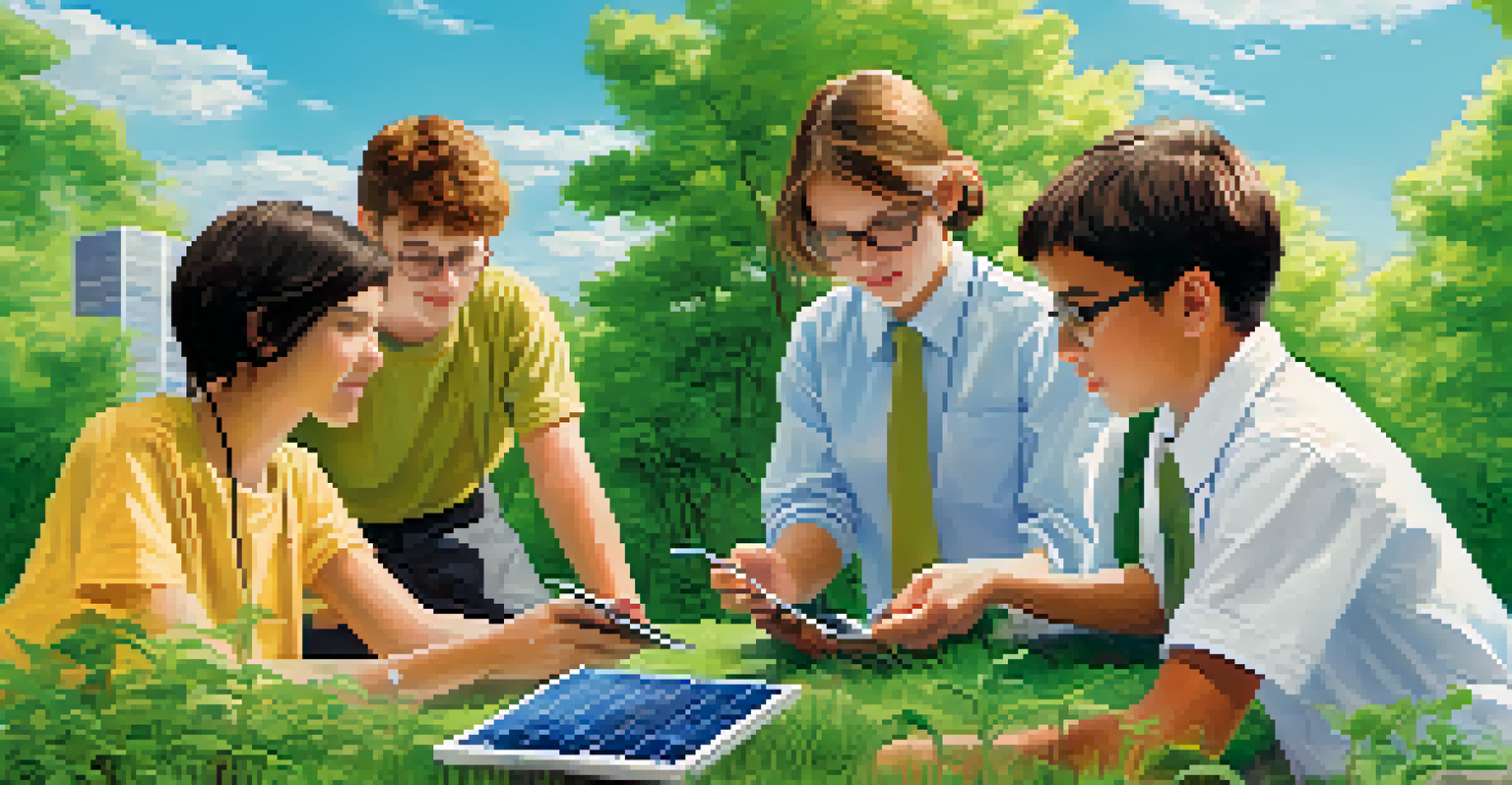 Students outdoors working on a solar-powered model city, surrounded by greenery and using technology to analyze data.