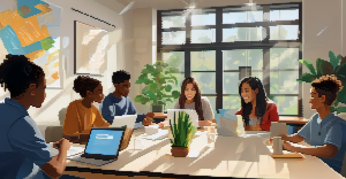 A group of diverse students participating in an online learning session via video conference, surrounded by books and plants in a bright, airy room.