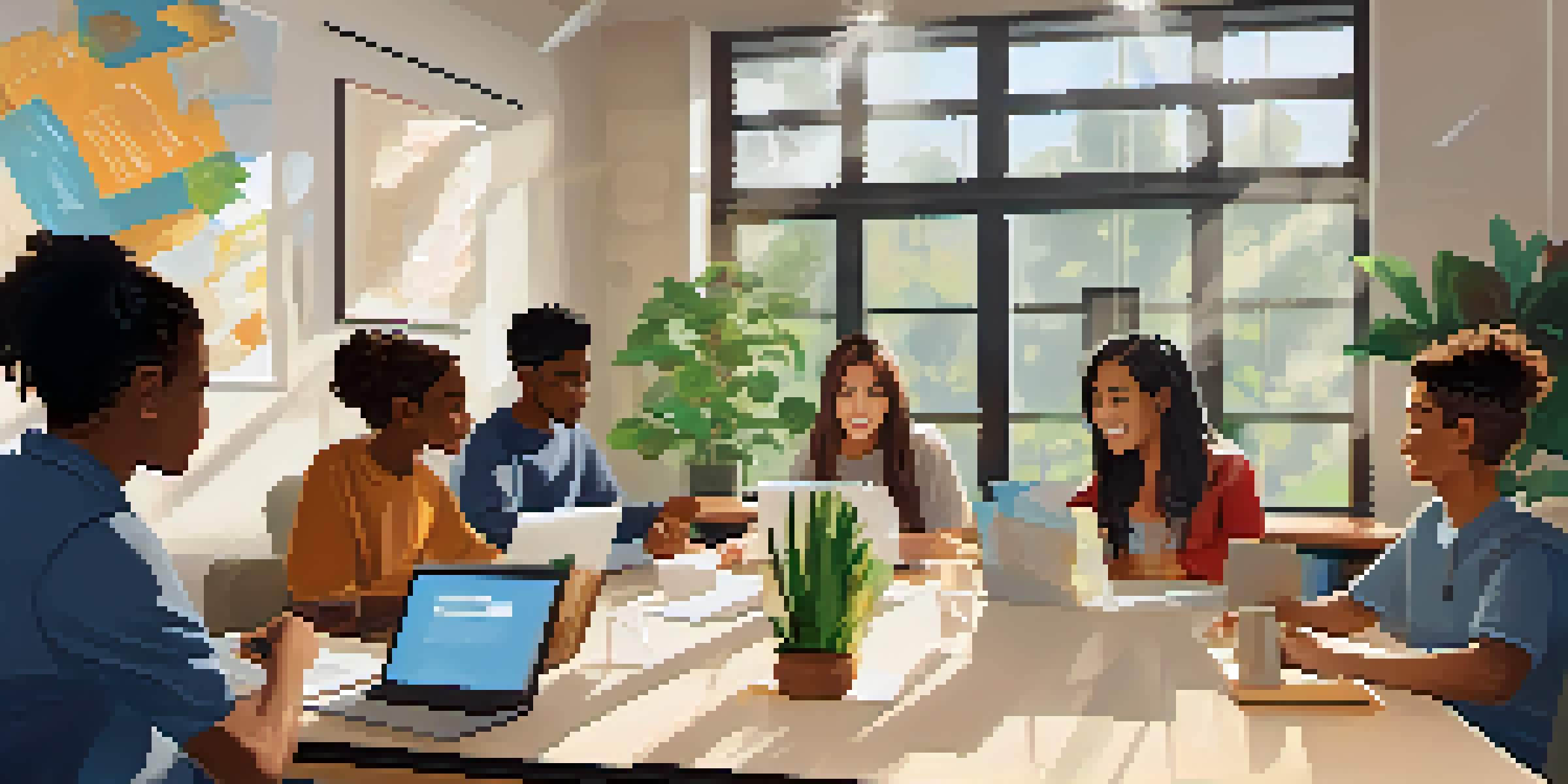 A group of diverse students participating in an online learning session via video conference, surrounded by books and plants in a bright, airy room.