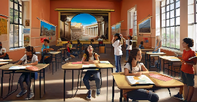 Students in a classroom using virtual reality headsets to explore ancient Rome, with a teacher present and colorful educational materials around.