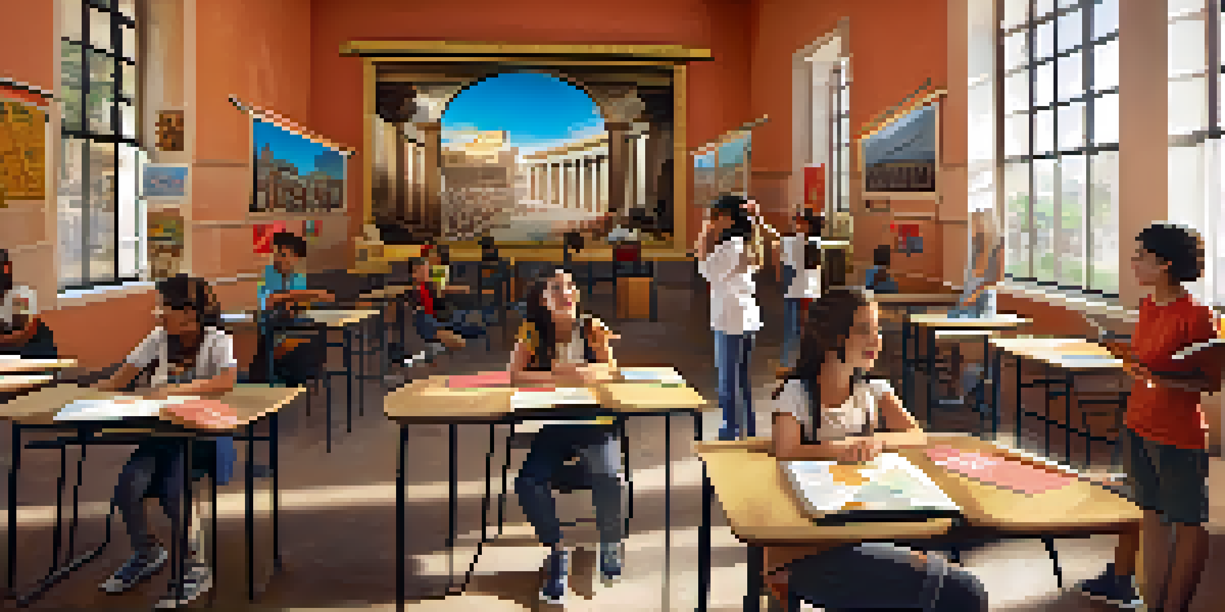 Students in a classroom using virtual reality headsets to explore ancient Rome, with a teacher present and colorful educational materials around.