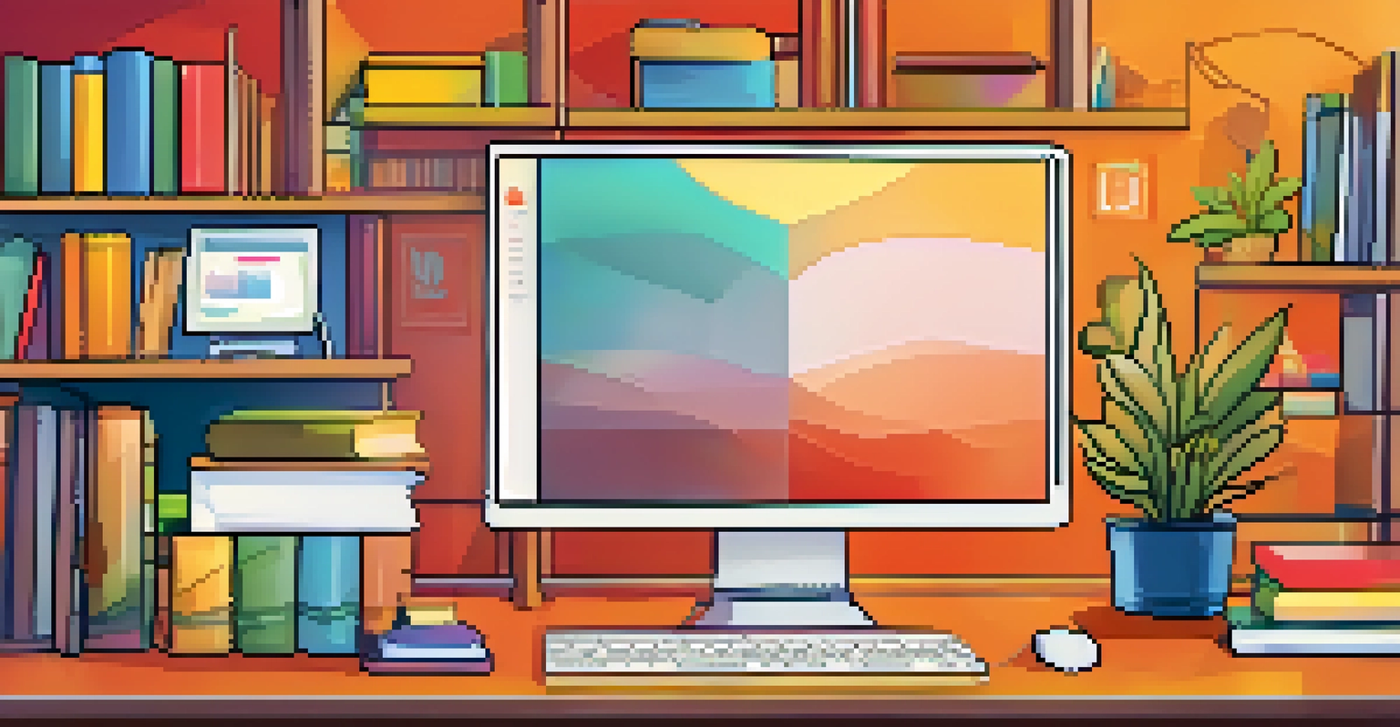 A colorful e-learning dashboard interface on a computer screen, featuring various courses and interactive elements in a cozy study environment.