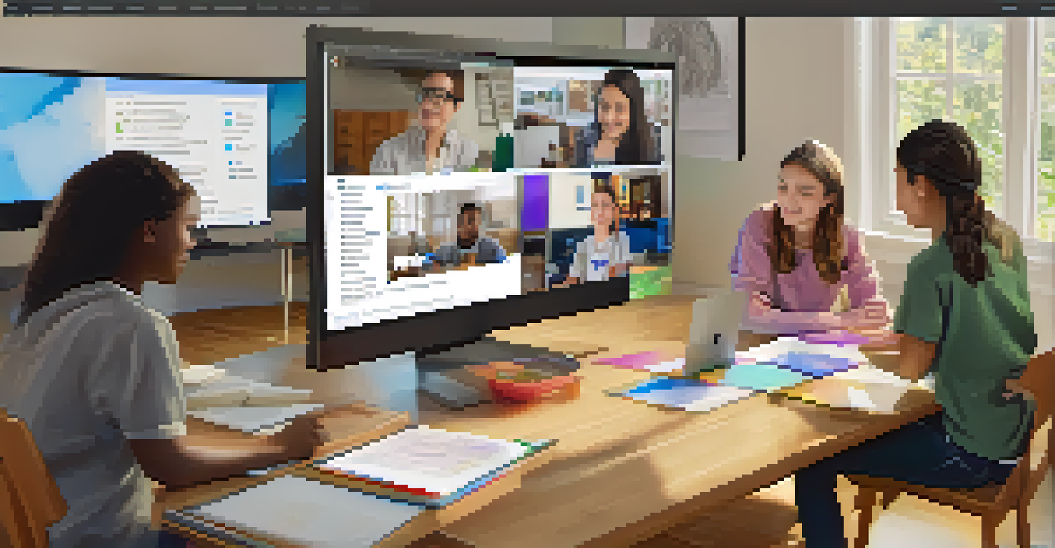 A computer screen showing a virtual learning session with students videoconferencing, surrounded by their cozy home environments.