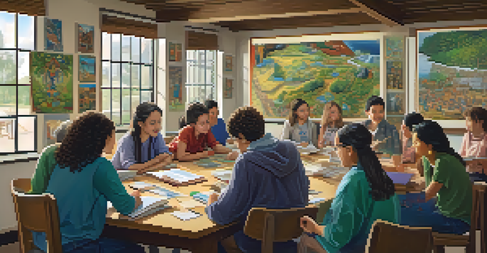 A diverse group of adult learners engaged in a discussion around a table in a well-lit classroom, with books and laptops present.