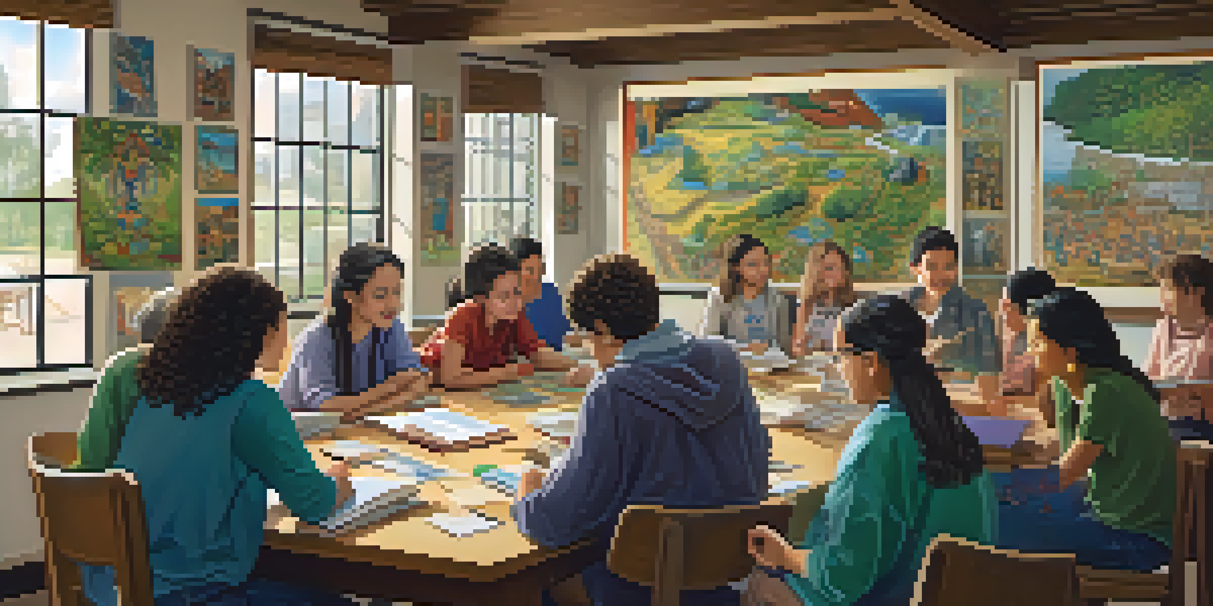 A diverse group of adult learners engaged in a discussion around a table in a well-lit classroom, with books and laptops present.
